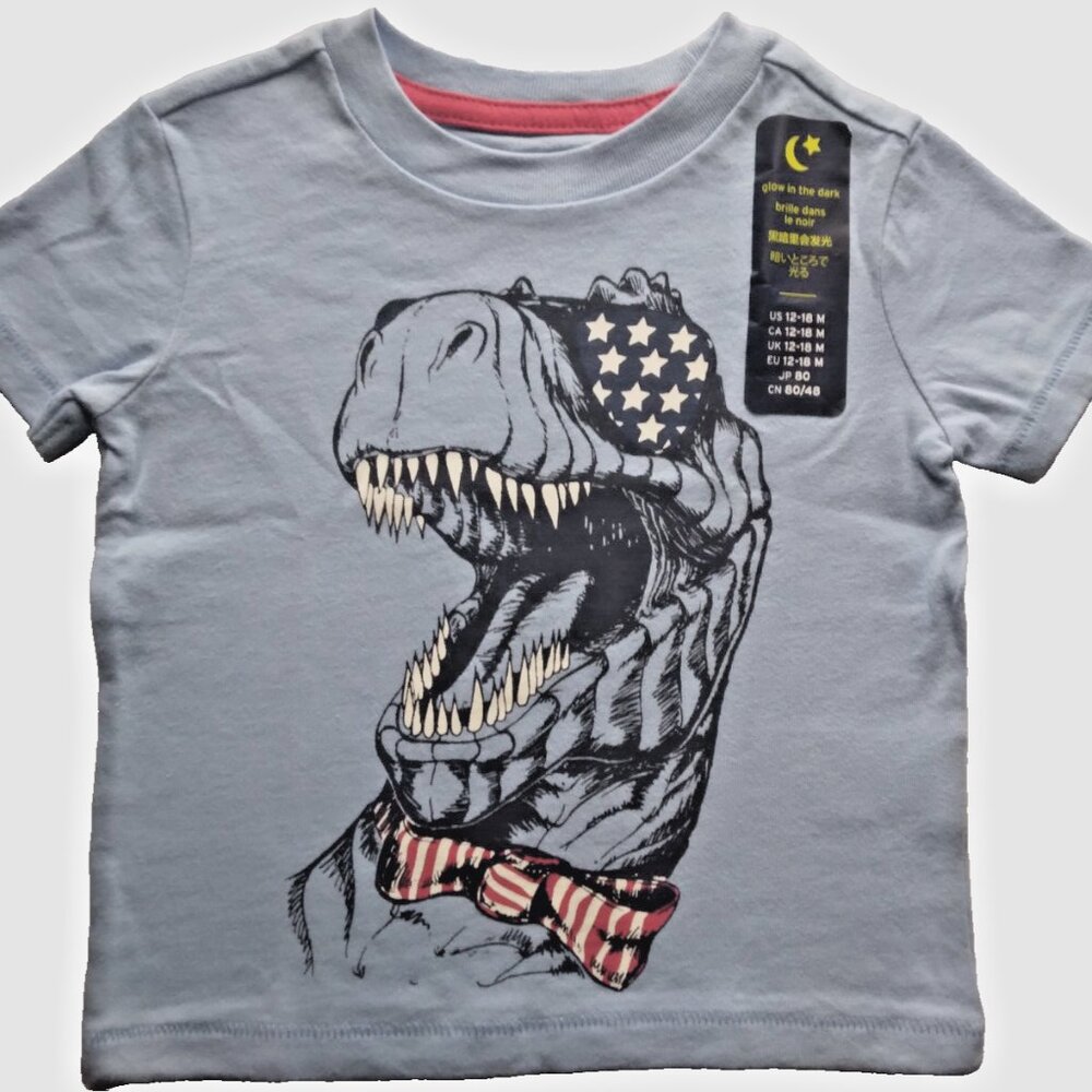 New GAP Dinosaur Patriot Glow in Dark Light Blue Tee USA Flag Boys Toddler 12-18